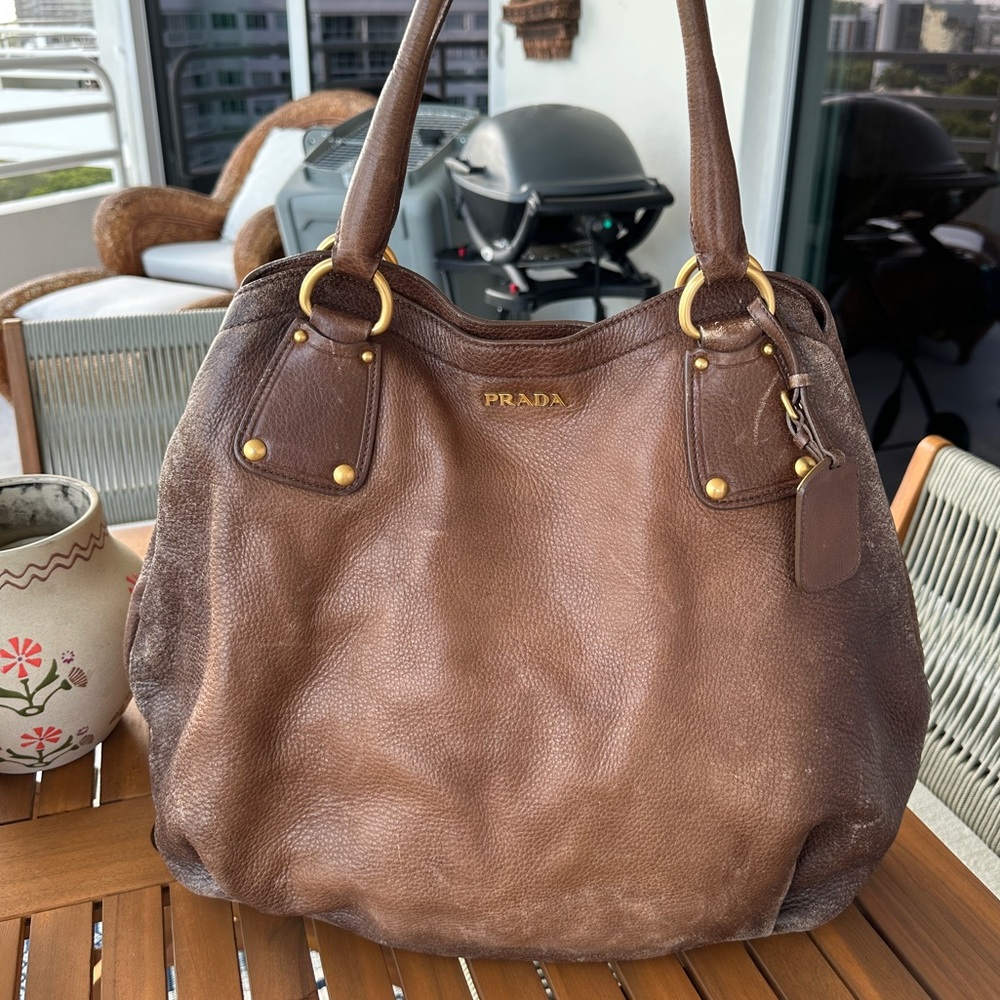 Authentic brown leather Prada tote handbag
